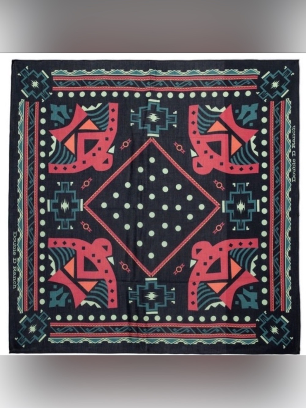 Double D Ranch “Rainbird” Tribal Print Bandana Scarf in Black, Coral & Teal